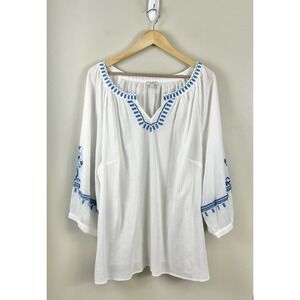 Talbots 3X Popover Tunic Top Gauze White Blue Embroidered Vacation Summer Beach